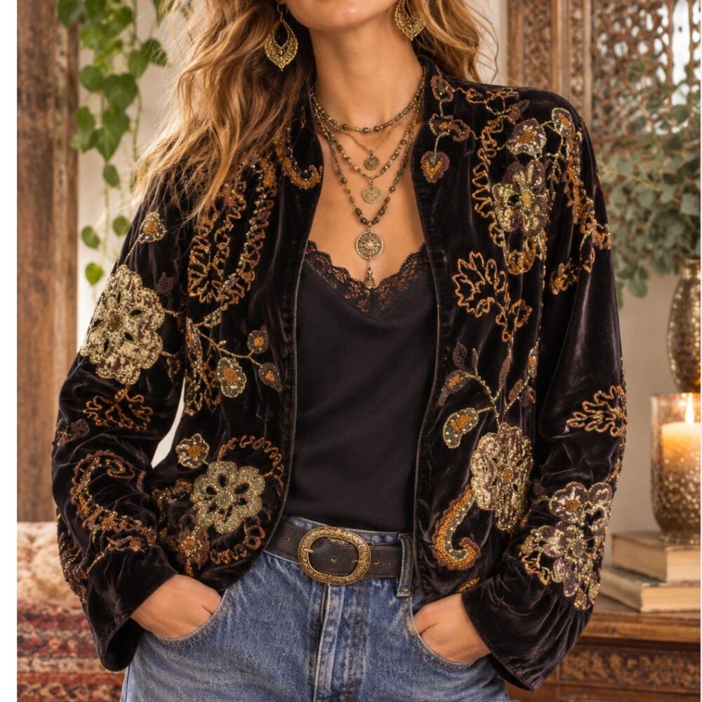 Vintage Chico's Espresso Brown Velvet Beaded Floral Appliqué Jacket Size S Boho